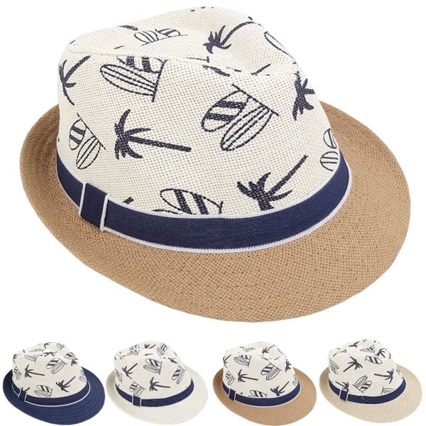 Adult Surf & Palm Pattern Trilby Fedora HAT Set with Blue Band