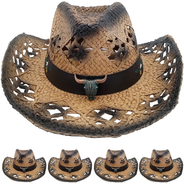 Brown Hollow Straw Cowboy HAT with Bull Band