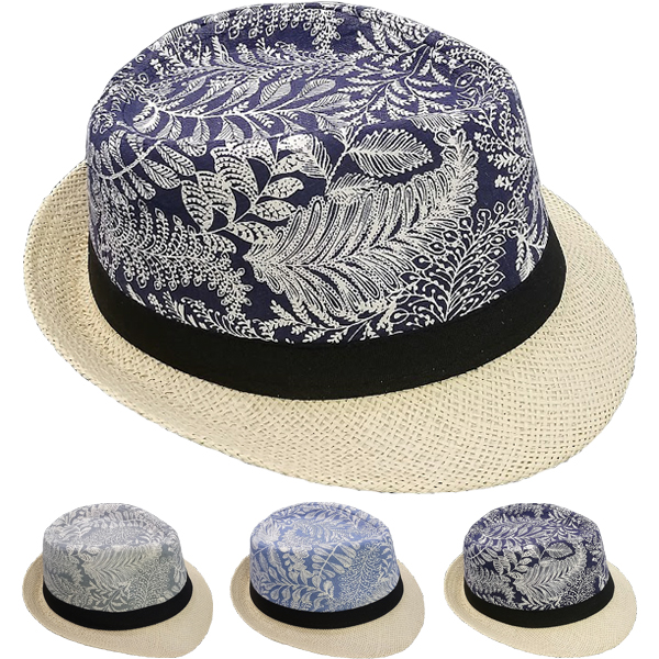 Leaf Pattern Adult Straw Trilby Fedora HAT Set with Black Band