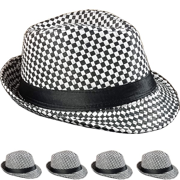 BLACK & White Checkered Party Trilby Fedora Hat Set