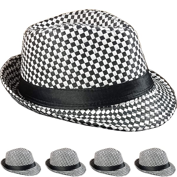 Black & White Checkered Party Trilby Fedora HAT Set