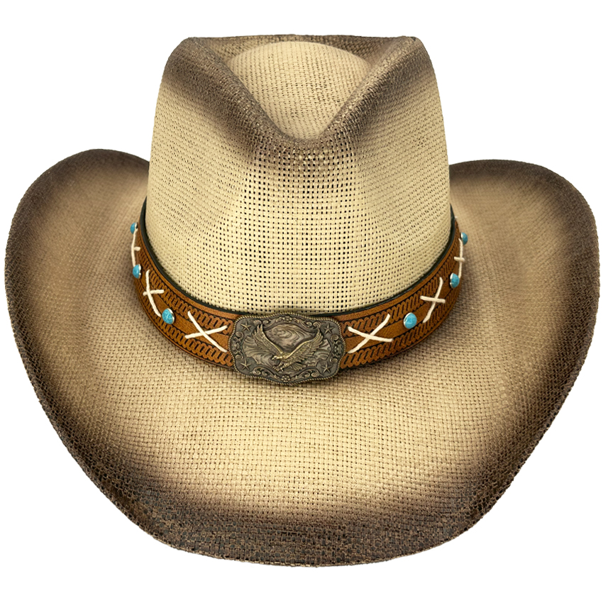 Brown Cowboy Hats - Paper Straw Eagle Turquoise BEAD Band 