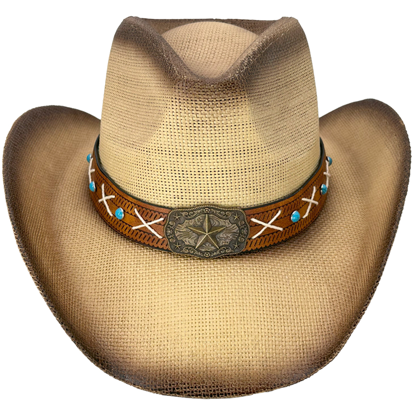 Paper STRAW Star Turquoise Bead Band Brown Cowboy HAT