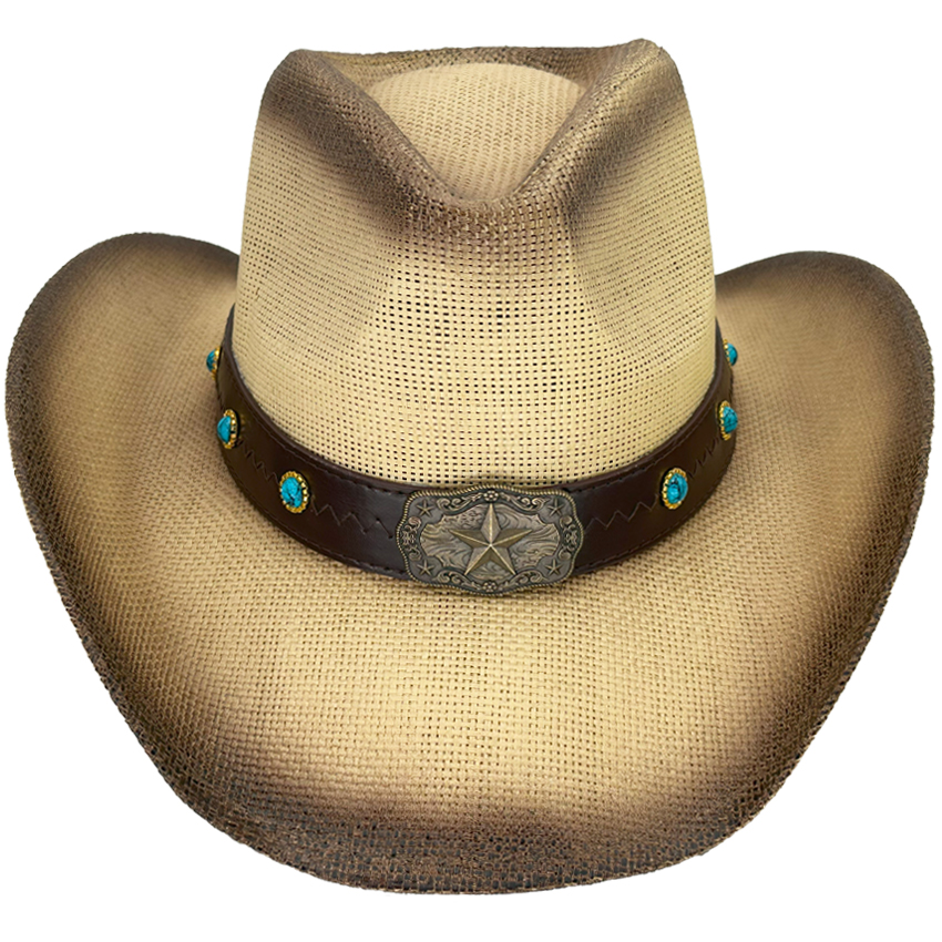 Paper STRAW Star Turquoise Bead Stitched Band Brown Cowboy HAT