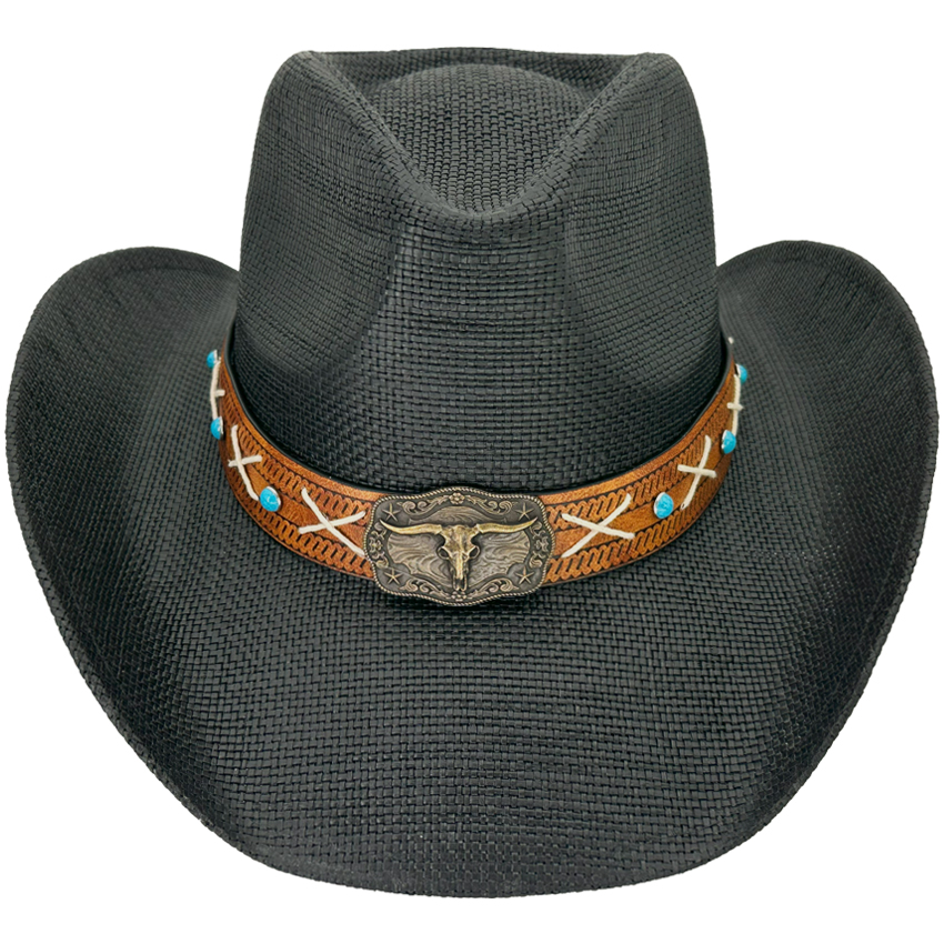 Trendy Black Paper Straw COWBOY HAT with Bull Lace Band