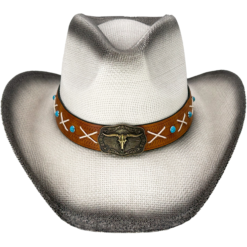 Paper Straw White Cowboy Hat with Bull Style Lace LEATHER Band - Black Shade 