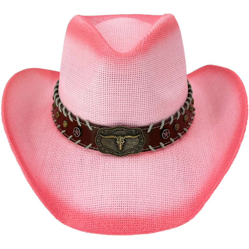 Pink WESTERN Cowboy Hat with Long Horn Bull Laced Edge Band - Dark Shade