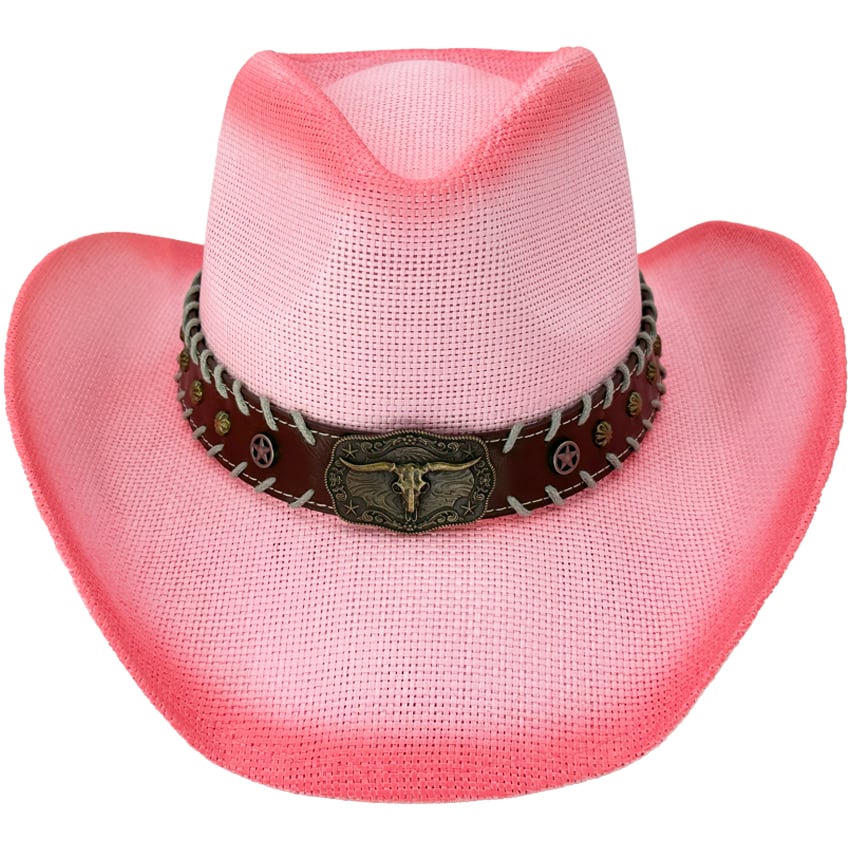 Pink Western Cowboy HAT with Long Horn Bull Laced Edge Band - Dark Shade