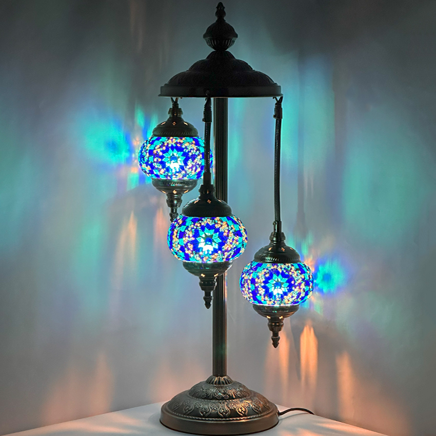 Moroccan style Blue Star Turkish Mosaic Floor LAMPs with 3 Globes - Without Bulb