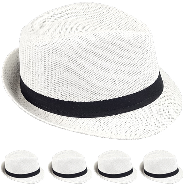 Elegant White Paper STRAW Trilby Fedora HAT with Black Band