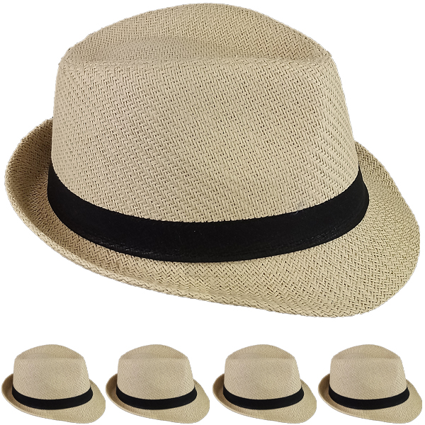 Classic BROWN Toyo Straw Trilby Fedora Hat with Black Band