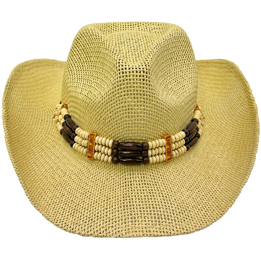 Paper Straw Western Beige Cowboy HAT with Beaded Band