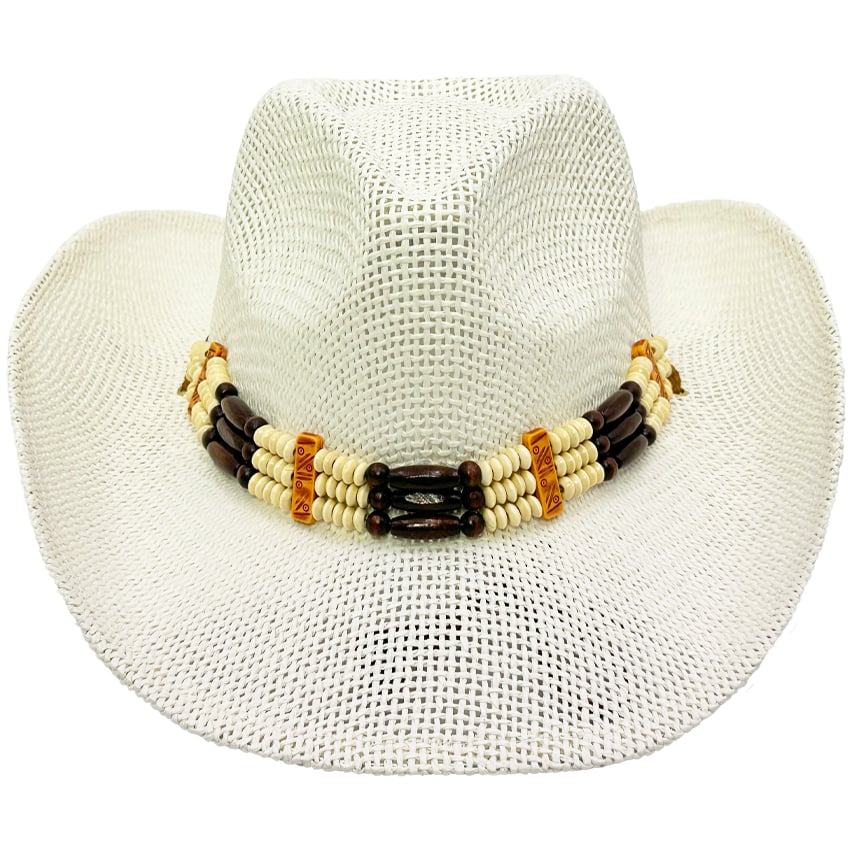 Paper Straw Western White Cowboy HAT with Beaded Band