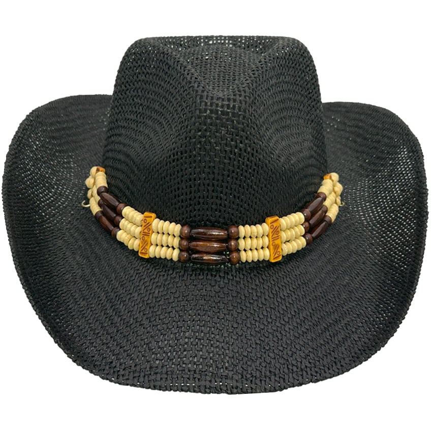 Paper Straw Western Black COWBOY HAT with Beaded Band