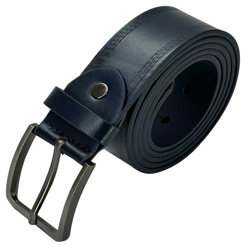 Belt for Men Navy Blue LEATHER with Parallel Stitched Pattern Mixed sizes