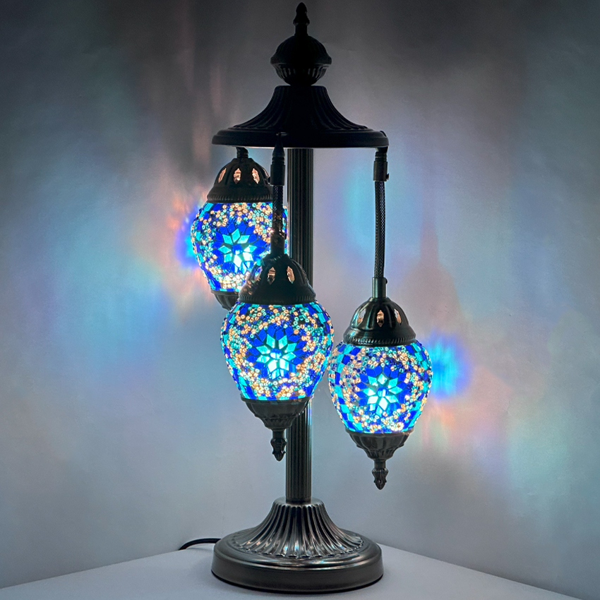 Midnight Blue Egg Shaped Mosaic Floor Lamp with 3 Globes - Without Bulb