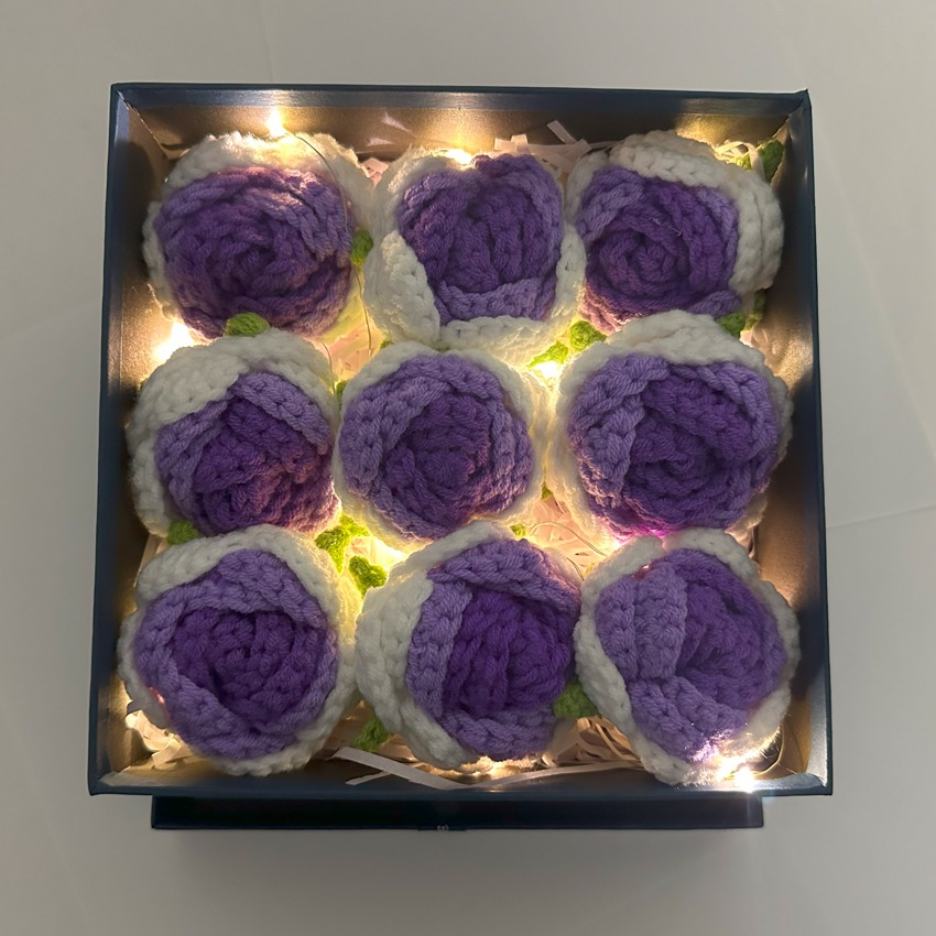 Purple Gradient Crochet 9 Rose Heads in Blue Square Floral GIFT Box | Large Size