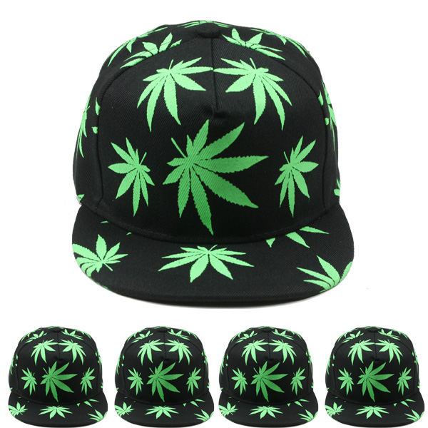 Marijuana Leaf Pattern Adjustable Black Snapback Cap