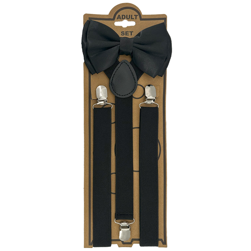 Adjustable ELASTIC Y Back Style Bowtie Suspender Set - Black