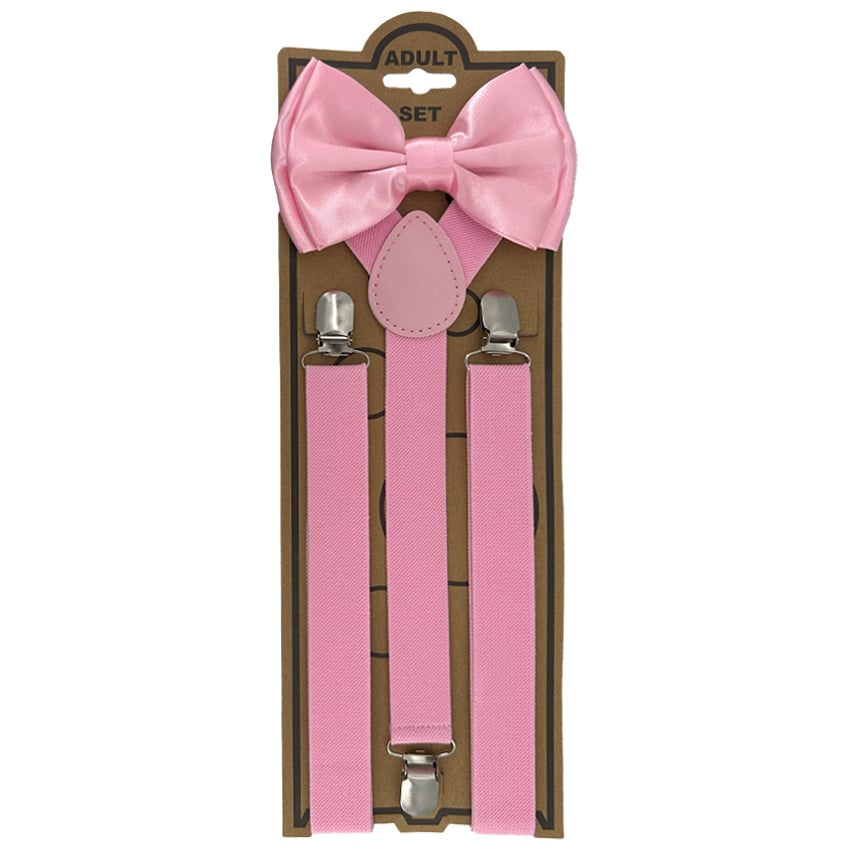 Adjustable Elastic Y Back Style Unisex Bowtie SUSPENDER Set - Pink