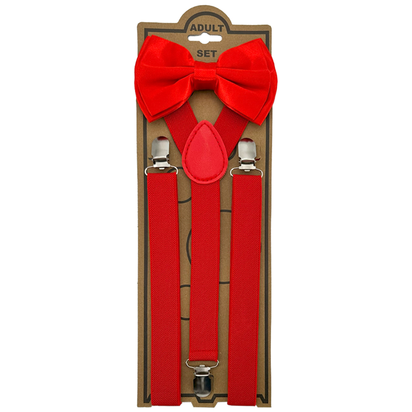 Adjustable ELASTIC Y Back Style Bowtie Suspender Set - Red