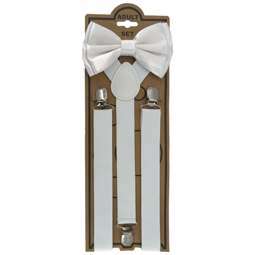 Adjustable ELASTIC Y Back Style Bowtie Suspender Set - White