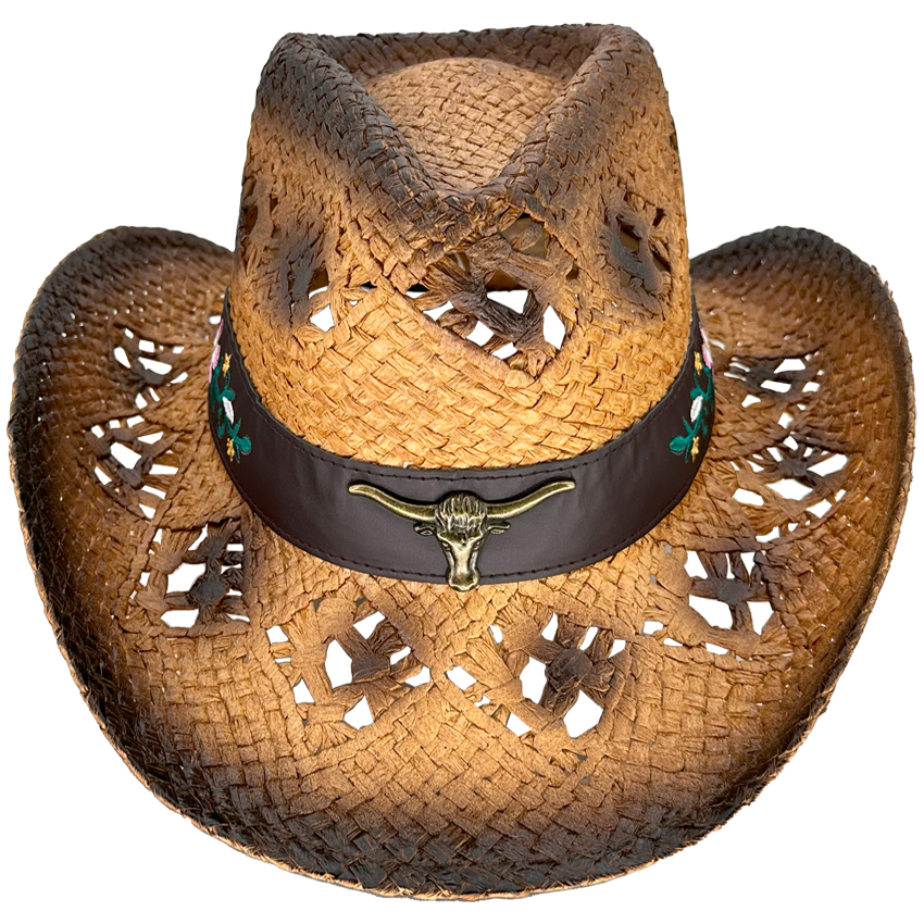 Brown Hollow STRAW Beach Cowboy HAT with Bull Band