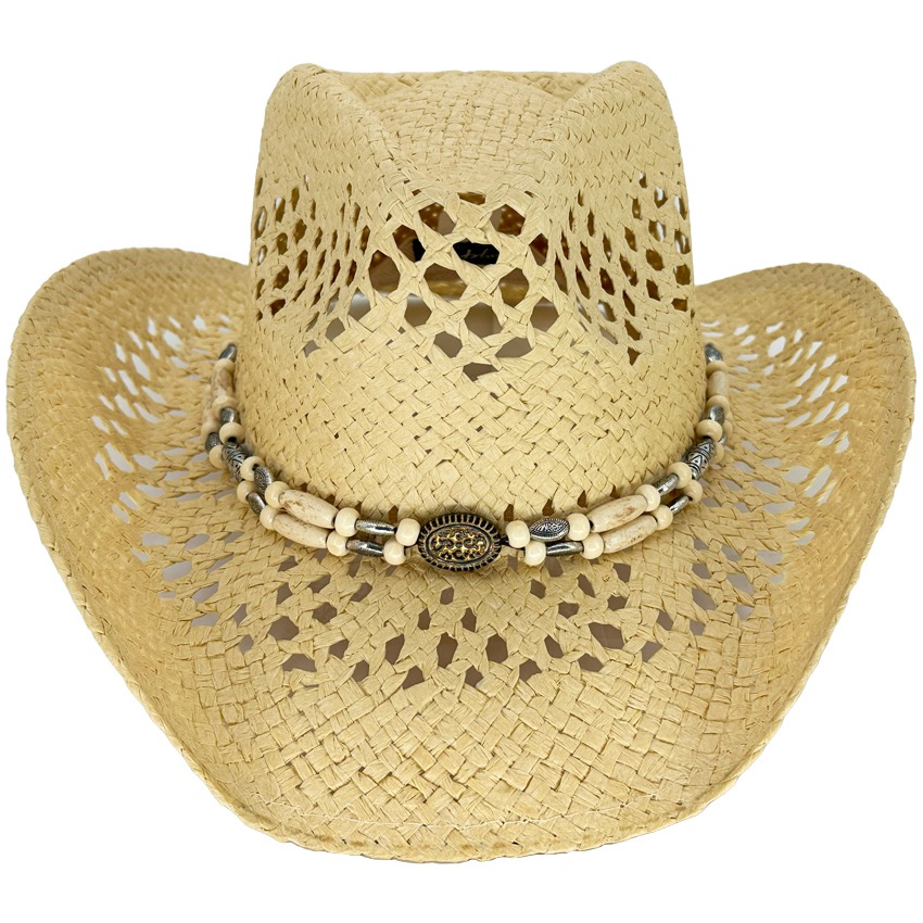 Beige Hollow Beach Cowboy Hats with Vintage Beaded Hatband