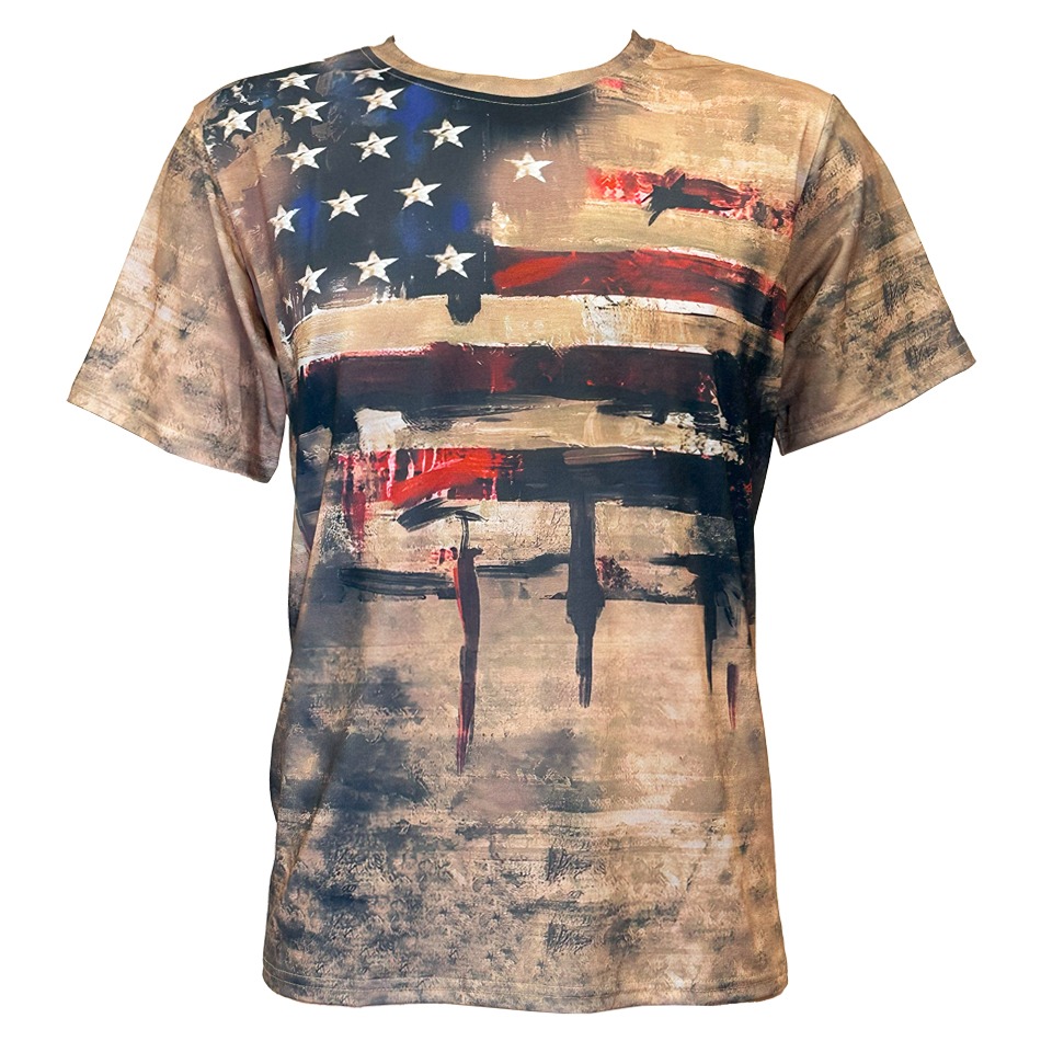 Khaki Camouflage Western T Shirts for Men - Patriotic USA Flag Print SHORT Sleeve