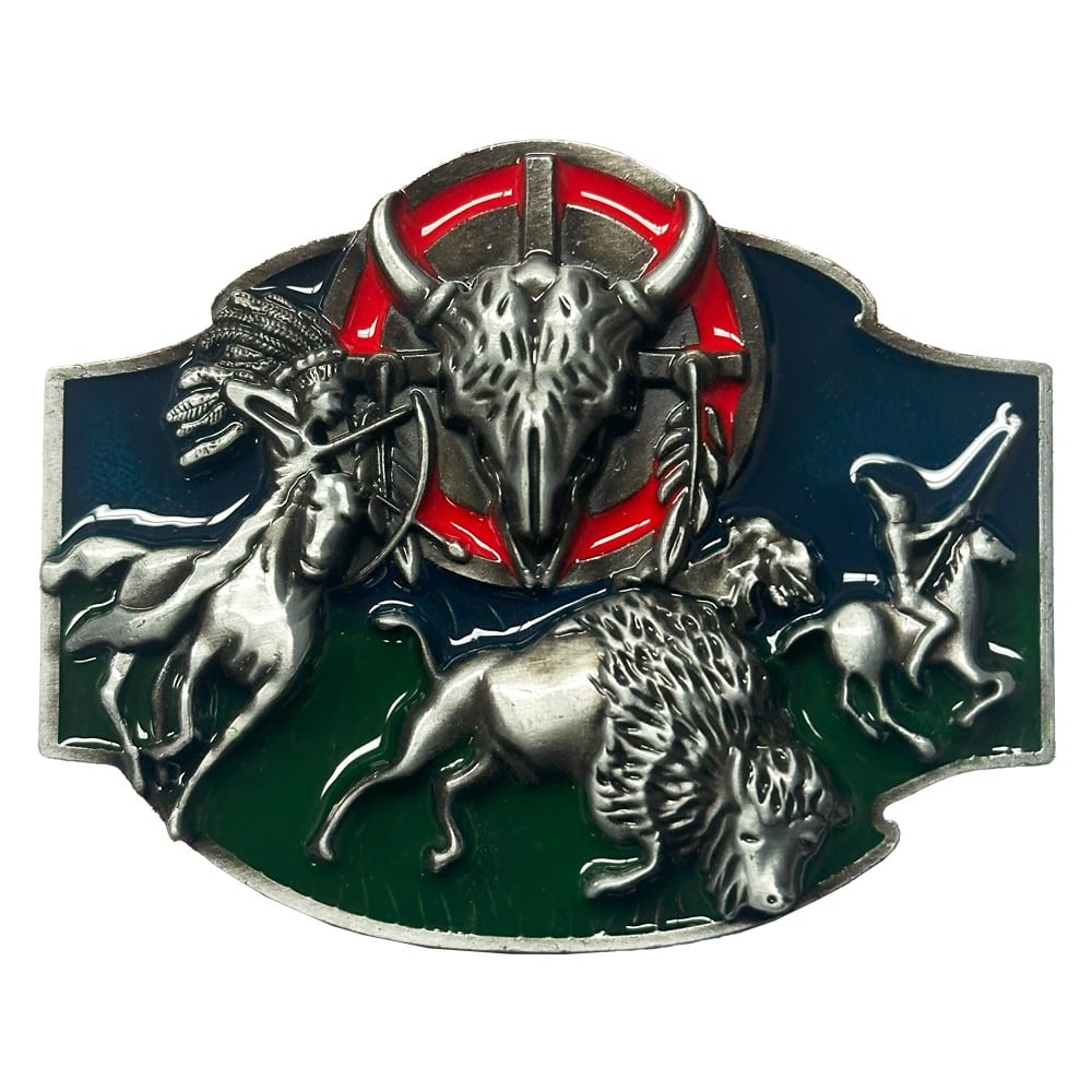 Bison BELT BUCKLE Native American on Hunt Design