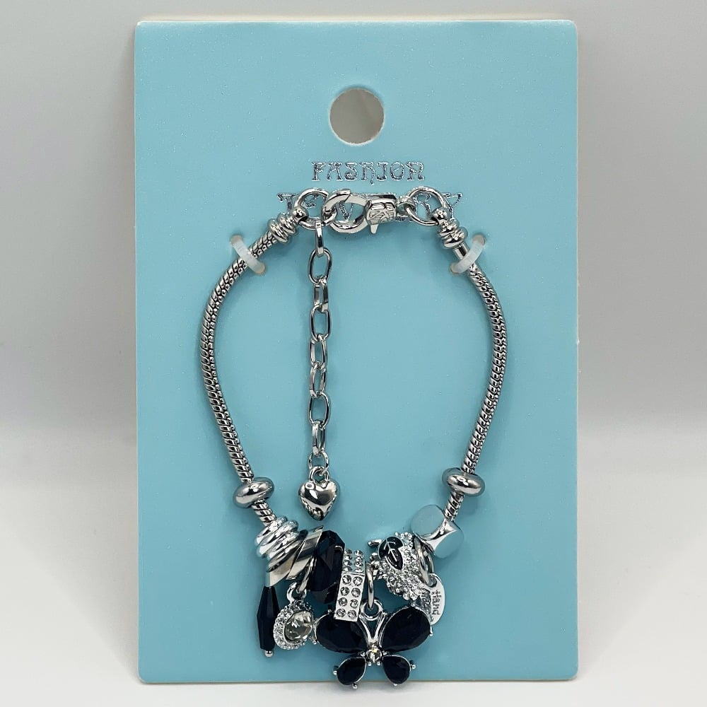 Adjustable Stainless Steel Charm Bracelet with Dark Butterfly and BANGLE Design