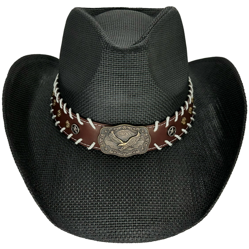 Black Cowboy HATs with Eagle Buckle on Leather Band