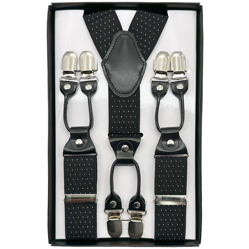 White Polka Dots on Black Suspenders with 6 clips