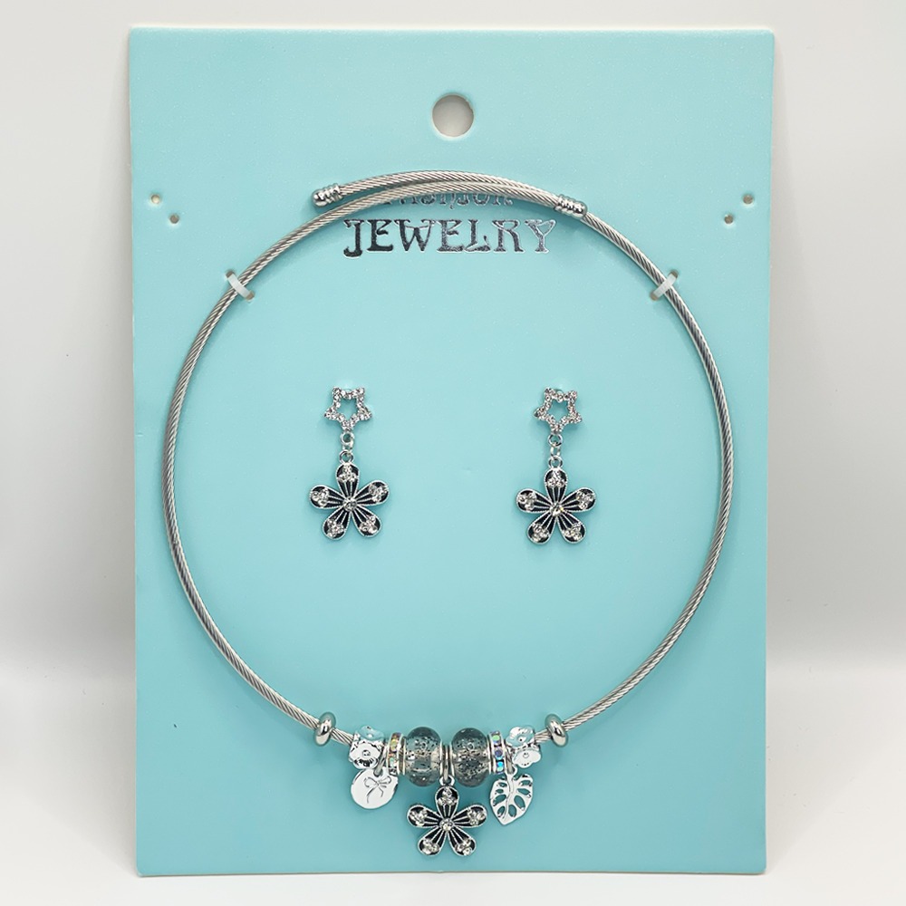 Stainless Steel Charm Necklace and EARRINGS Set - Dark Rhinestone Lucky Flower Design
