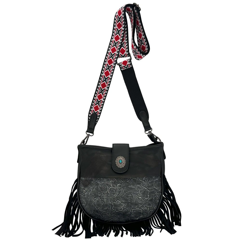 Black Floral Embossed Western SHOULDER BAGs with Fringe and Native Design
