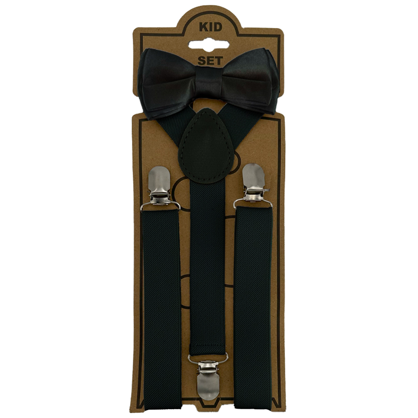 Adjustable Bowtie Suspender Set for Kids - ELASTIC Y-Back Design with Strong Metal Clips - Black