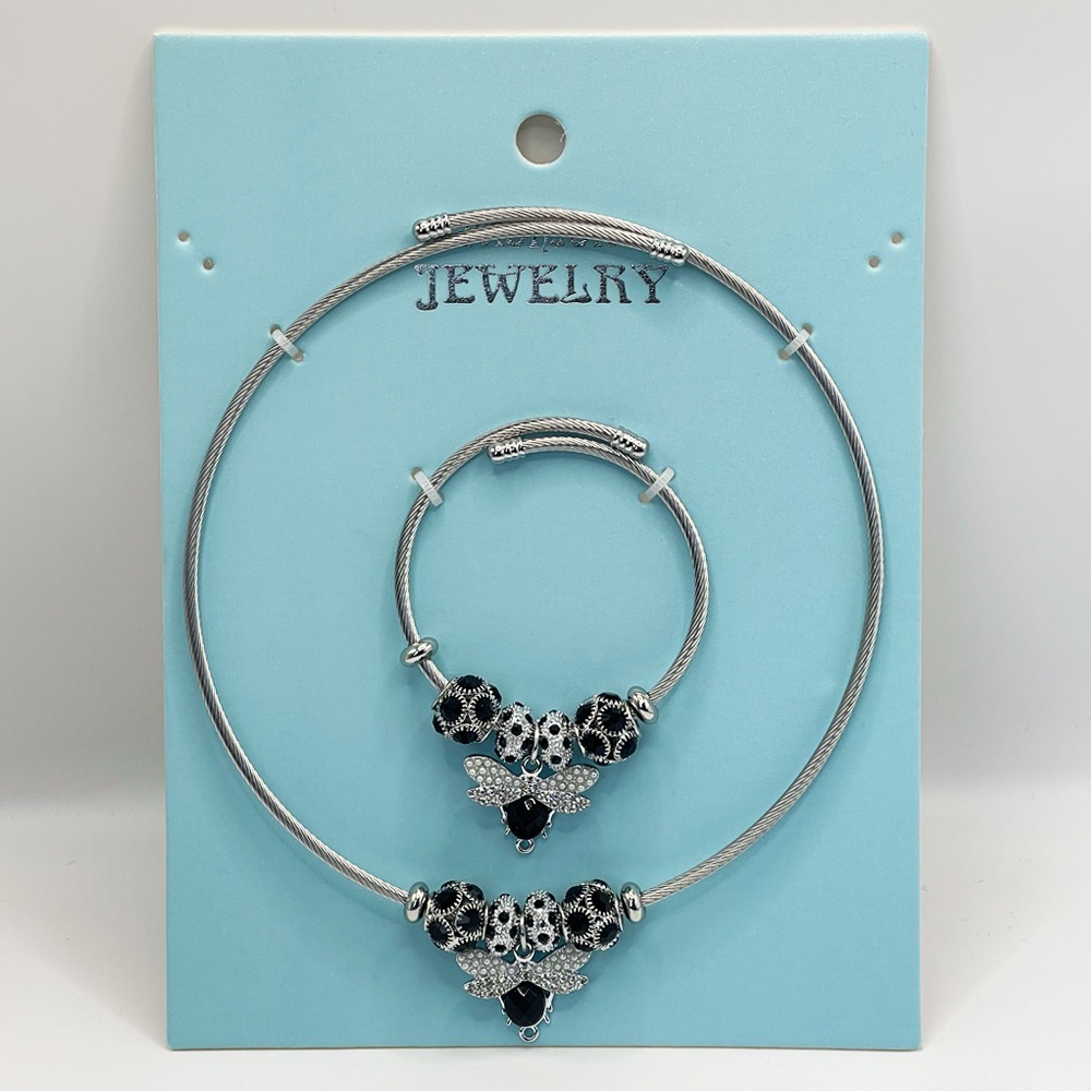 Stainless Steel Charm Bracelet and Necklace Set - Dark LADYBUG Rhinestone Design