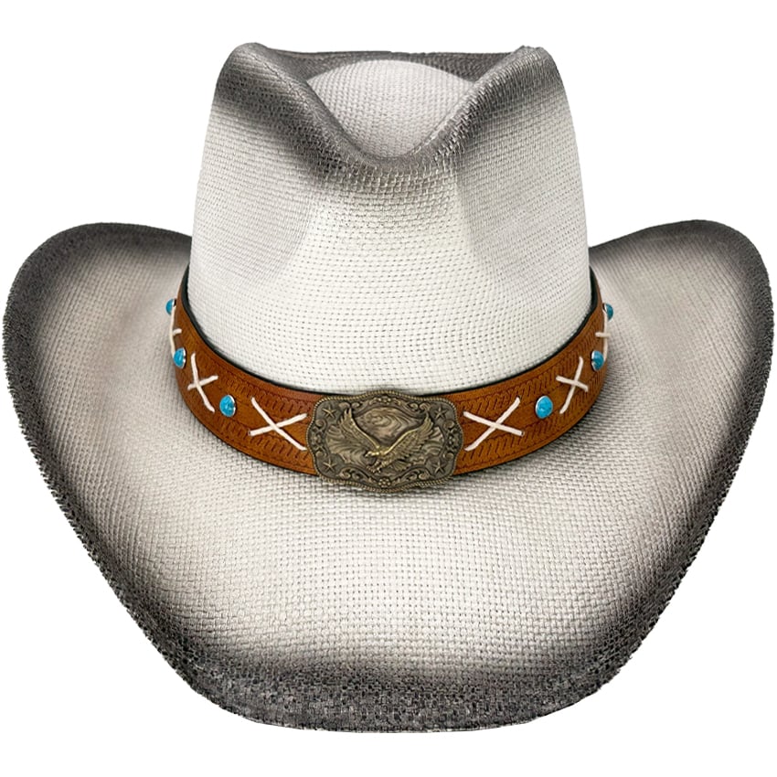 White Paper Straw Cowboy HAT with Eagle Style Lace Leather Band - Black Shade 