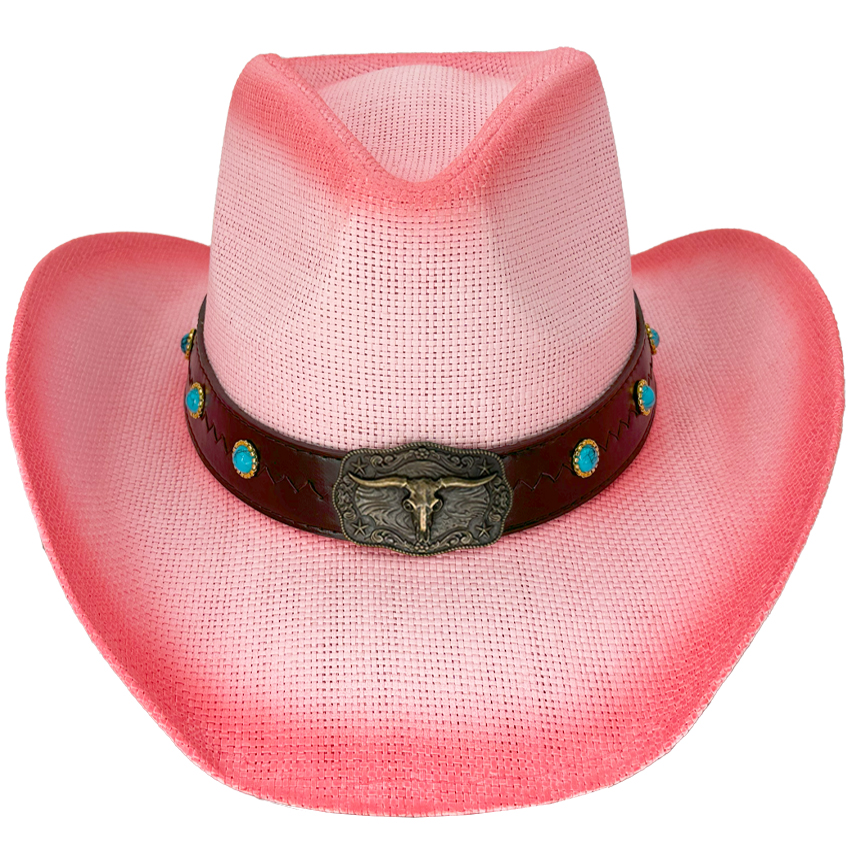 Pink Cowgirl Hats with Bull Turquoise Beaded Leather Hatband - Shaded Design