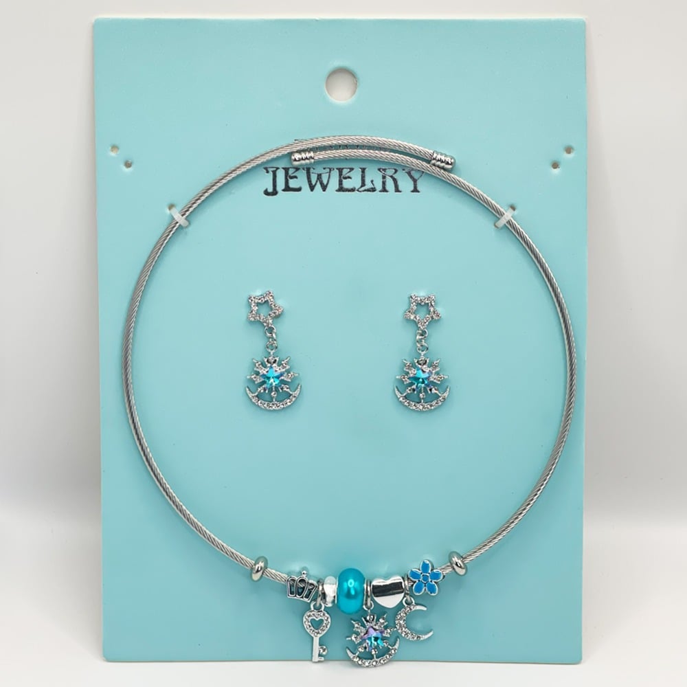 Stainless Steel Charm Necklace and EARRINGS Set - Ocean Blue Star