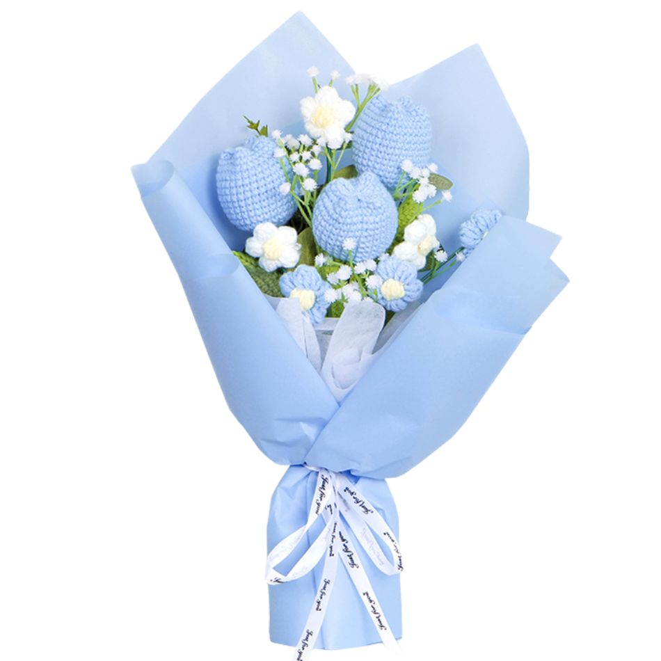 Blue Crochet Flowers Fathers Day Bouquets - Blue Fat Tulip and Puff Flowers