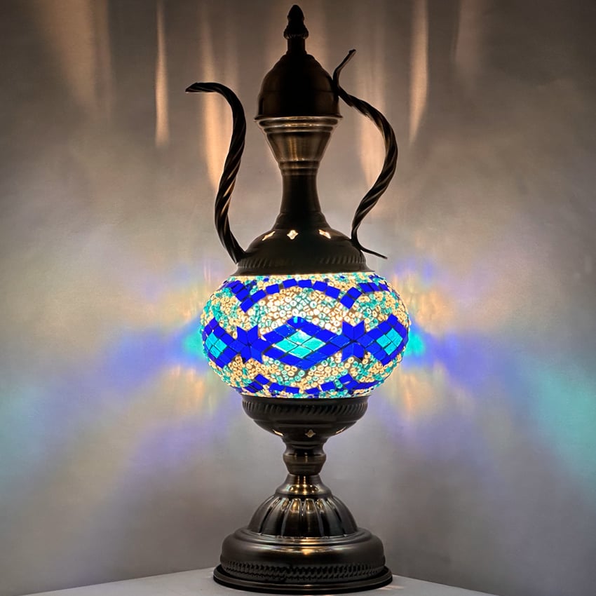 Blue DIAMONDs Tiffany Style Mosaic Lamp with Pitcher Design - Without Bulb