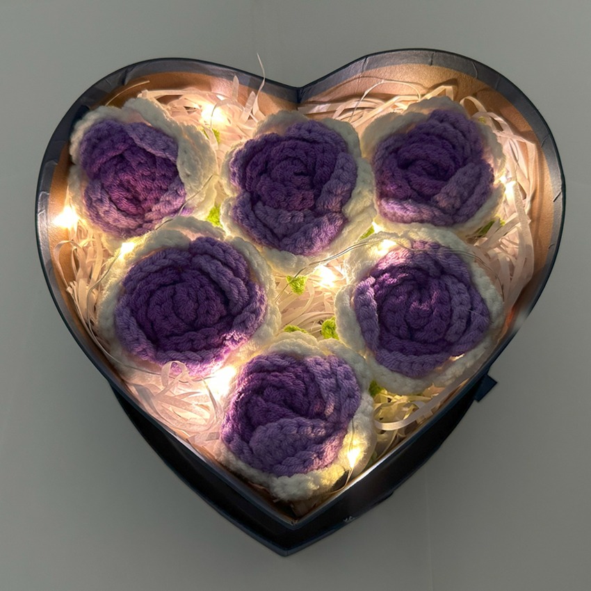 Blue Heart Shape Rose Box with 6-Purple Gradient Crochet Rose Heads | Large Size
