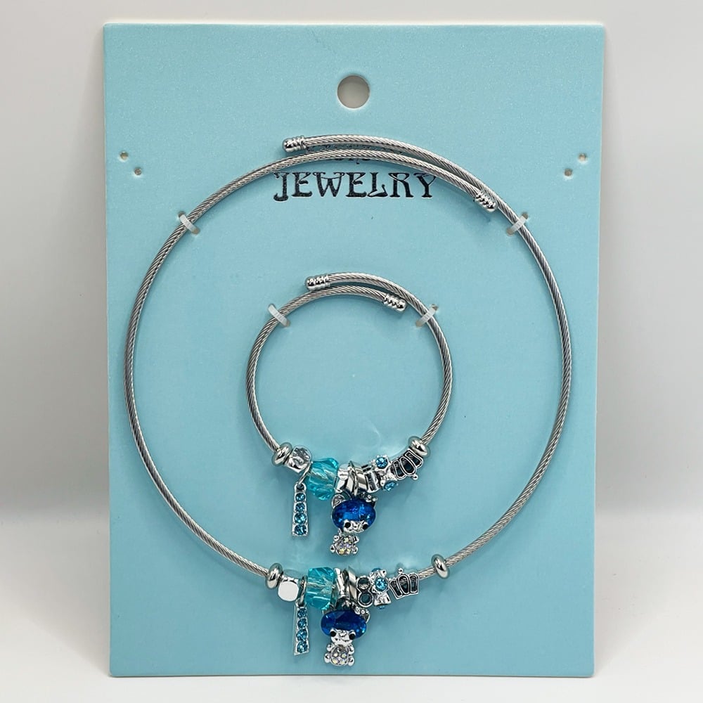 Stainless Steel Charm Bracelet and Necklace Set - Blue DOLL and Silver Charms