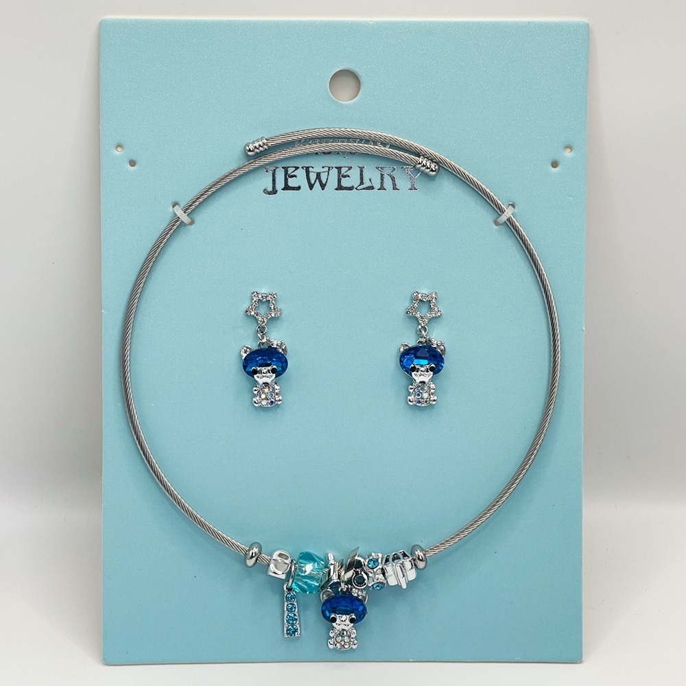 Stainless Steel Charm Necklace and Earrings Set - Blue Rhinestone DOLL Design