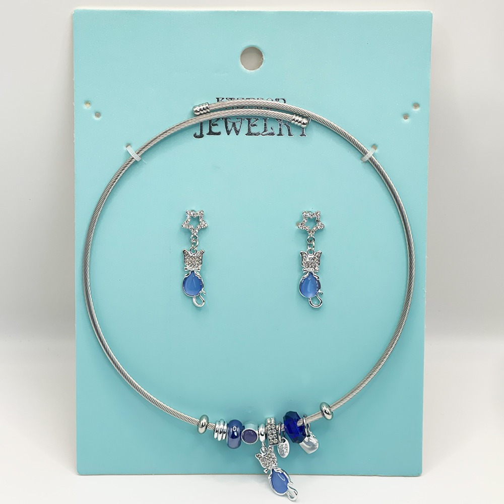 Stainless Steel Charm Necklace and EARRINGS Set - Ocean Blue Raindrop Design
