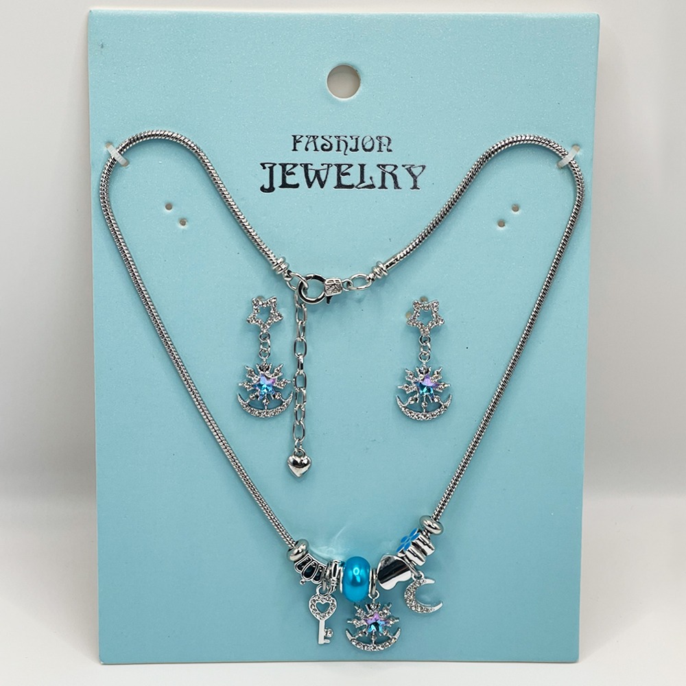 Adjustable Stainless Steel Charm Necklace and EARRINGS with Sky Blue Star and Crescent Design