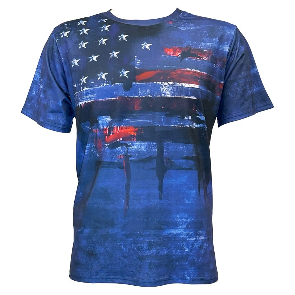 Blue Camo Western T Shirts for Men - Patriotic USA Flag Print SHORT Sleeve