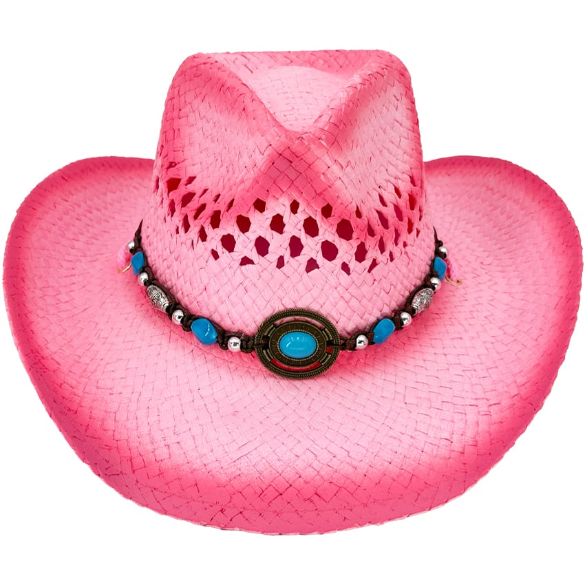 Breathable Raffia Straw Pink Cowboy HAT with Beaded Band