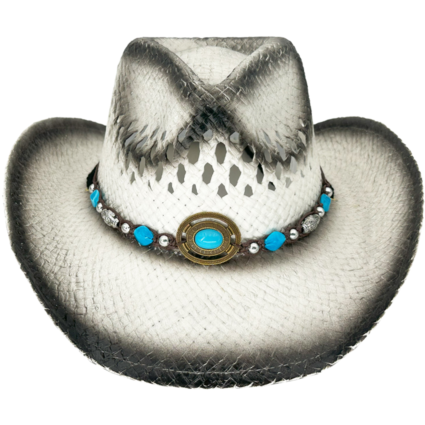 Breathable Black Shaded Raffia Straw Beaded Band Kid's White Cowboy HAT